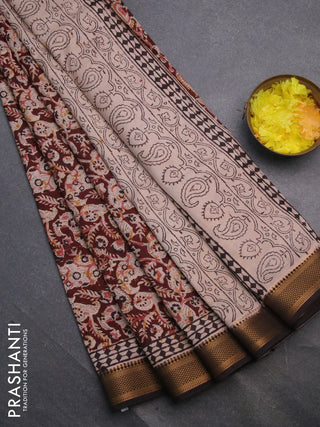 Semi mangalgiri silk saree deep maroon and deep coffee brown with allover kalamkari block prints and zari woven border