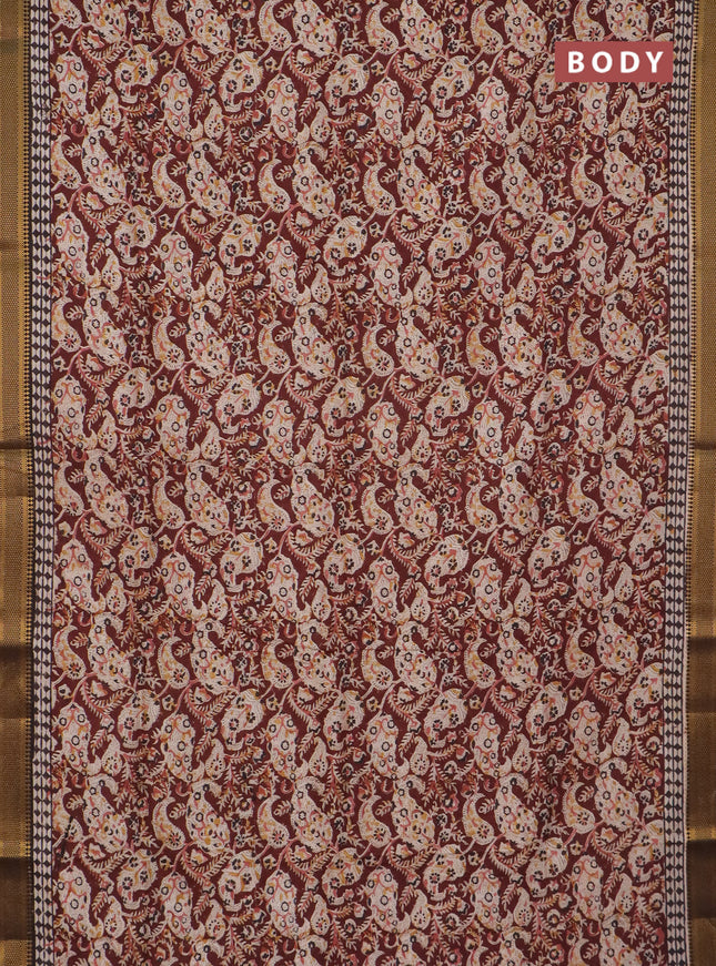 Semi mangalgiri silk saree deep maroon and deep coffee brown with allover kalamkari block prints and zari woven border