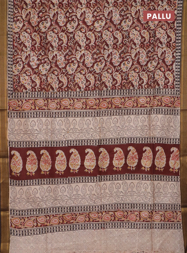 Semi mangalgiri silk saree deep maroon and deep coffee brown with allover kalamkari block prints and zari woven border