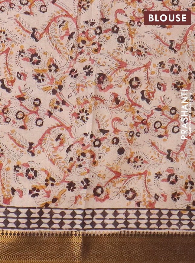 Semi mangalgiri silk saree deep maroon and deep coffee brown with allover kalamkari block prints and zari woven border