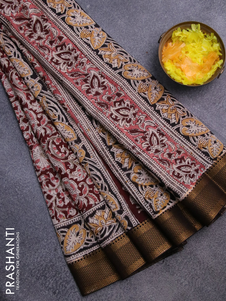 Semi mangalgiri silk saree deep maroon and black with allover kalamkari block prints and zari woven border
