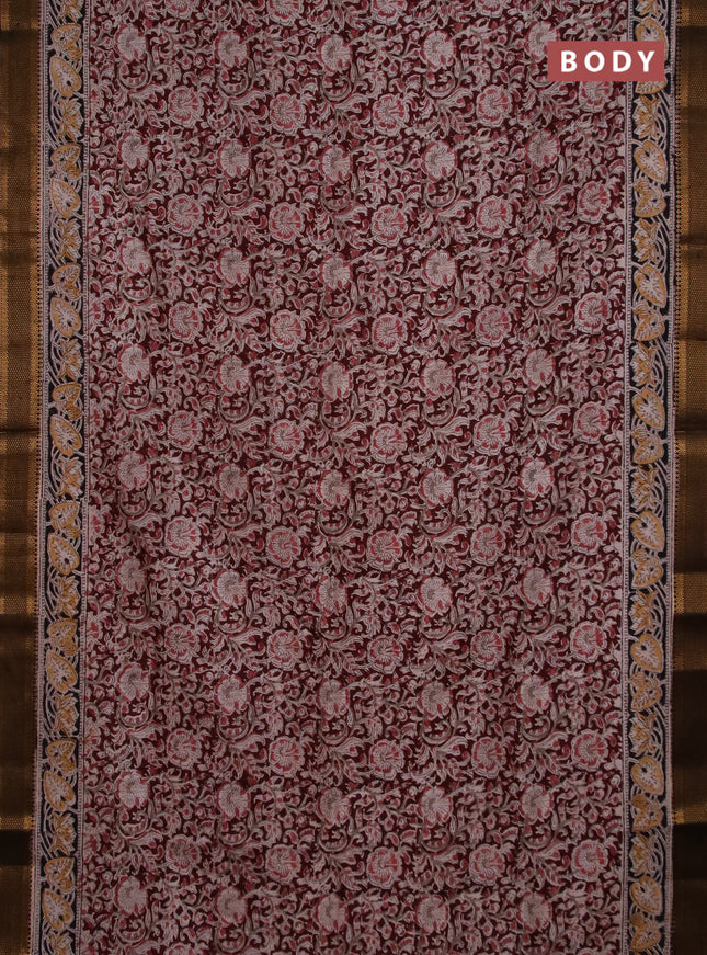 Semi mangalgiri silk saree deep maroon and black with allover kalamkari block prints and zari woven border