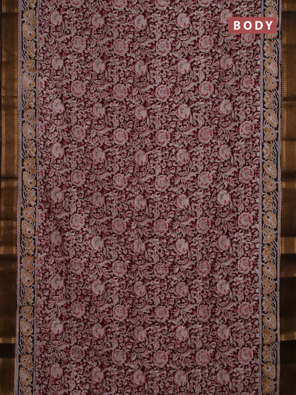 Semi mangalgiri silk saree deep maroon and black with allover kalamkari block prints and zari woven border