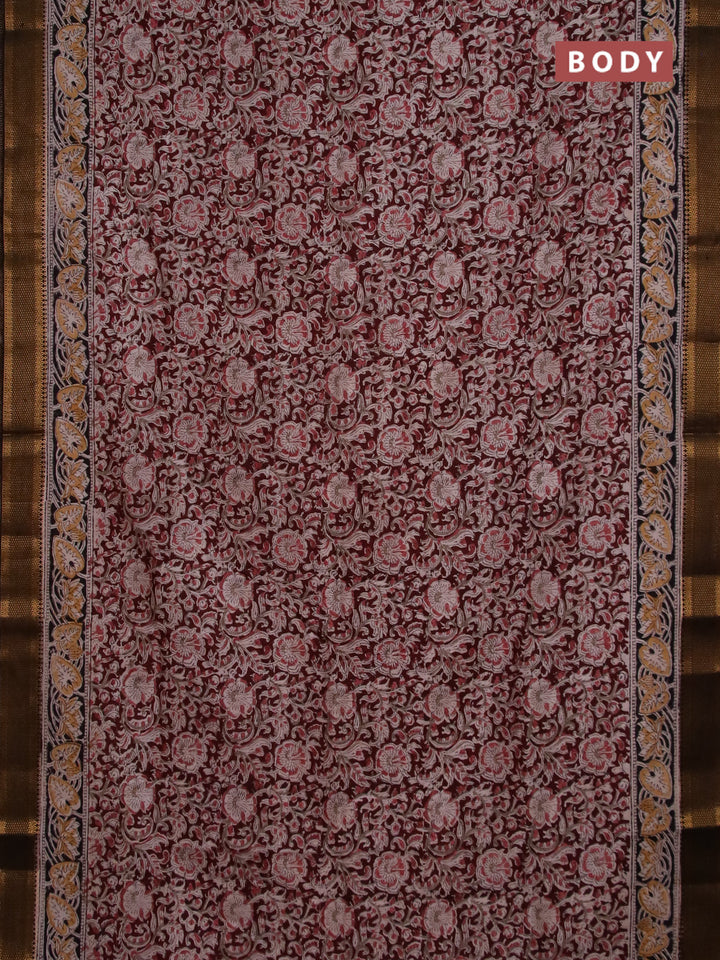 Semi mangalgiri silk saree deep maroon and black with allover kalamkari block prints and zari woven border