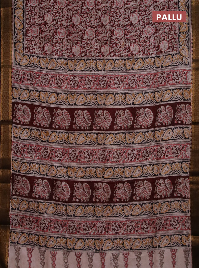Semi mangalgiri silk saree deep maroon and black with allover kalamkari block prints and zari woven border
