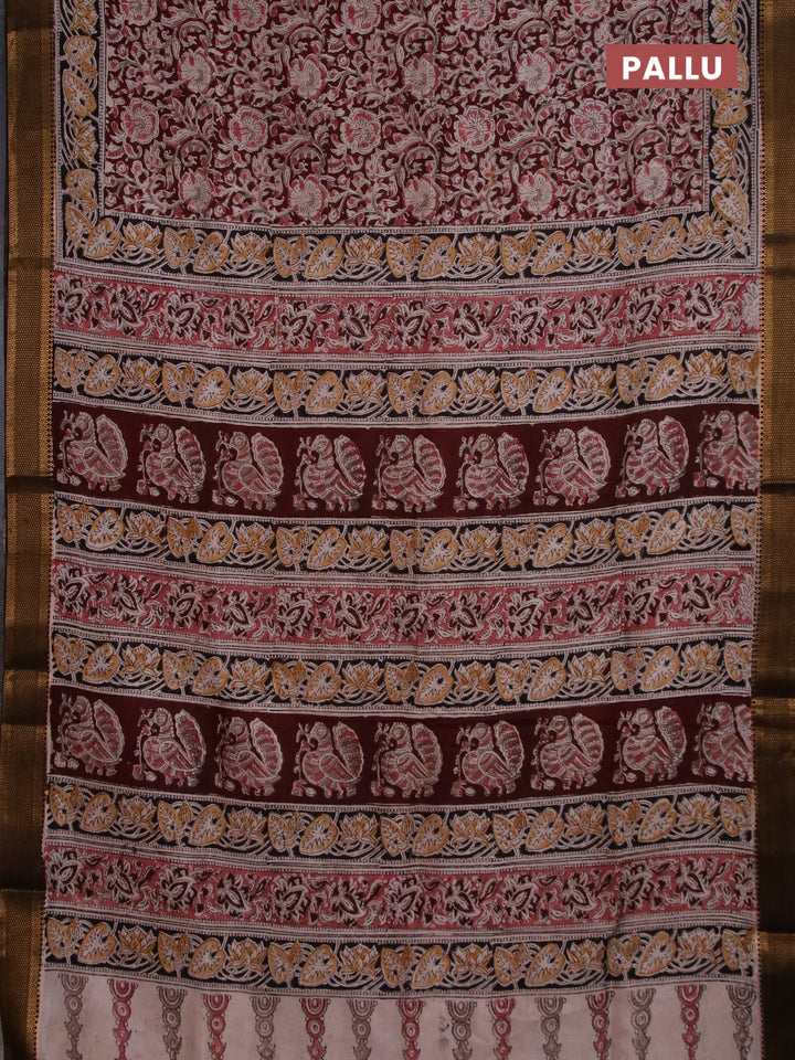 Semi mangalgiri silk saree deep maroon and black with allover kalamkari block prints and zari woven border