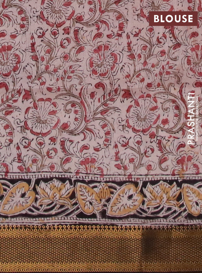 Semi mangalgiri silk saree deep maroon and black with allover kalamkari block prints and zari woven border