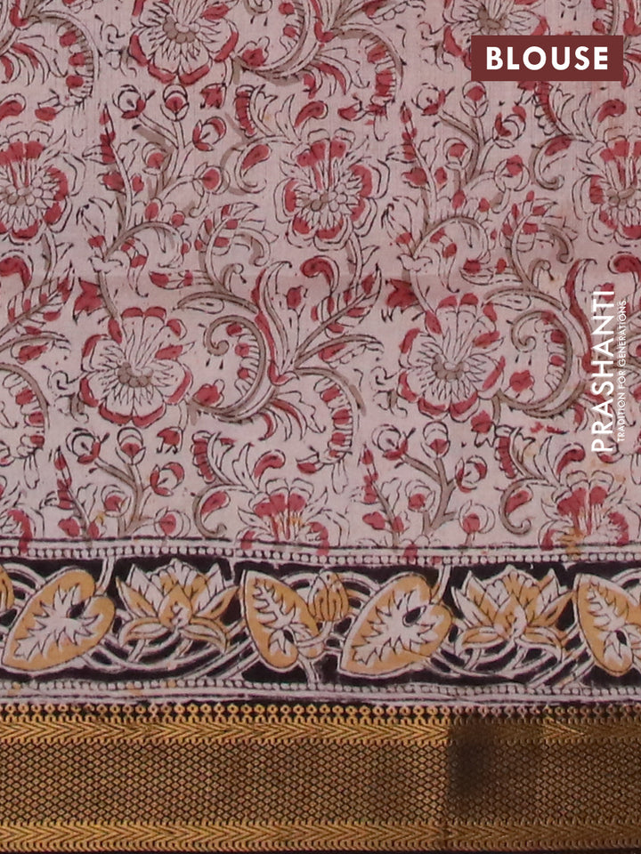 Semi mangalgiri silk saree deep maroon and black with allover kalamkari block prints and zari woven border