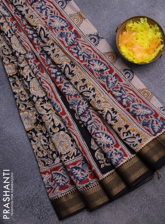 Semi mangalgiri silk saree black and maroon with allover kalamkari block prints and zari woven border
