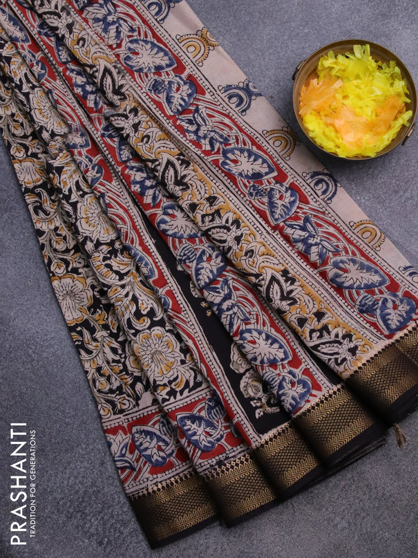 Semi mangalgiri silk saree black and maroon with allover kalamkari block prints and zari woven border