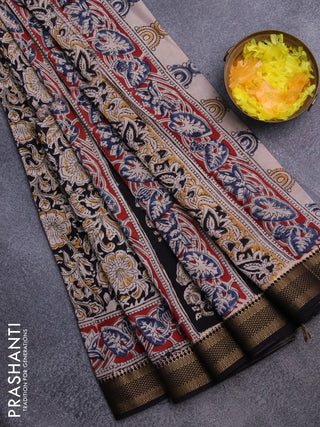 Semi mangalgiri silk saree black and maroon with allover kalamkari block prints and zari woven border