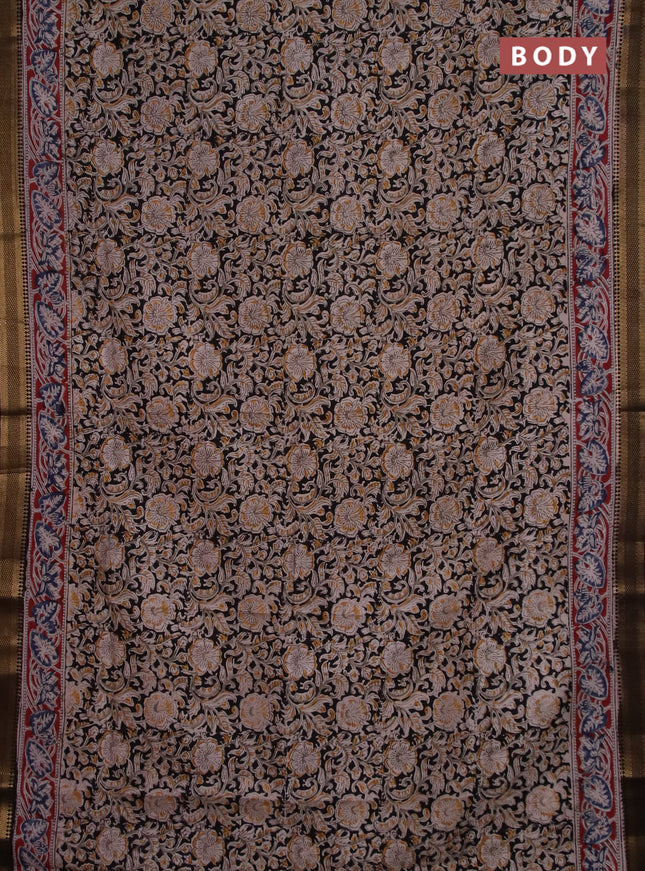 Semi mangalgiri silk saree black and maroon with allover kalamkari block prints and zari woven border