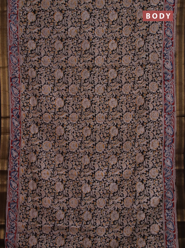 Semi mangalgiri silk saree black and maroon with allover kalamkari block prints and zari woven border
