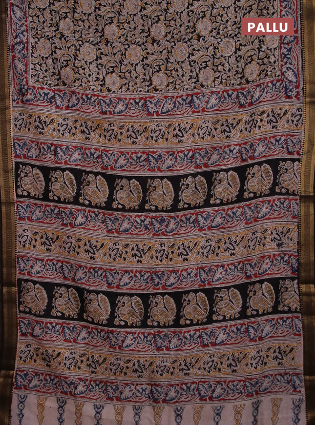 Semi mangalgiri silk saree black and maroon with allover kalamkari block prints and zari woven border