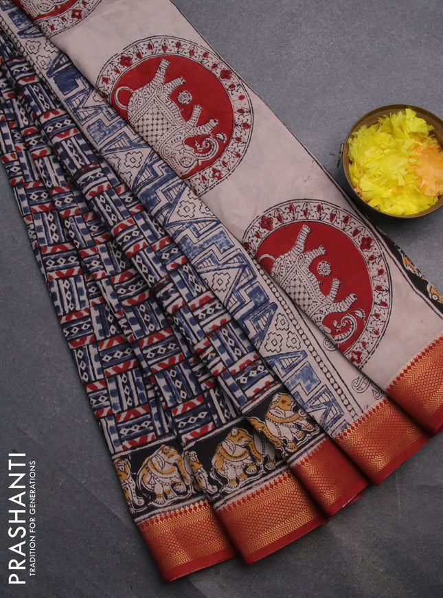 Semi mangalgiri silk saree multi colour and black maroon with allover kalamkari block prints and zari woven border