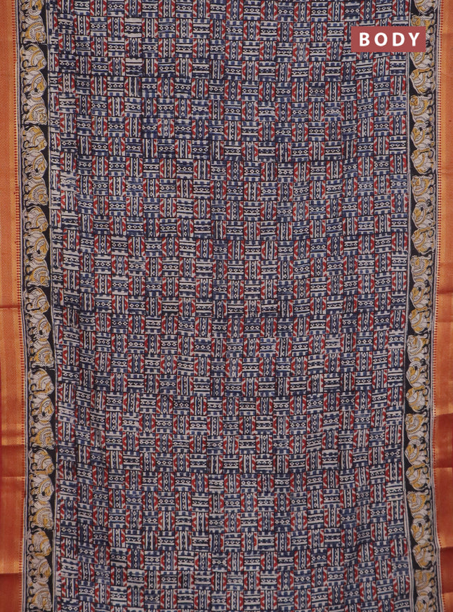 Semi mangalgiri silk saree multi colour and black maroon with allover kalamkari block prints and zari woven border