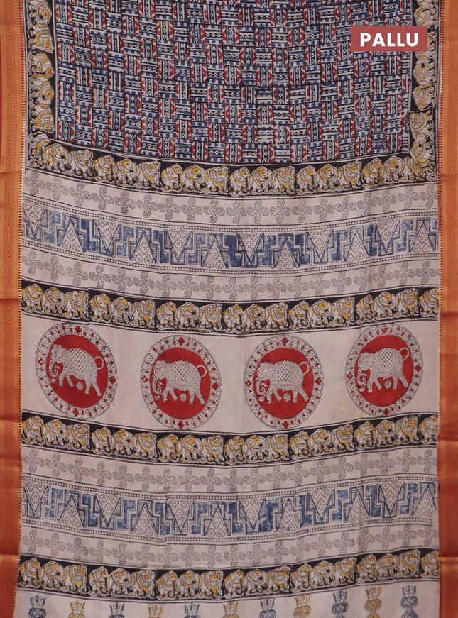 Semi mangalgiri silk saree multi colour and black maroon with allover kalamkari block prints and zari woven border