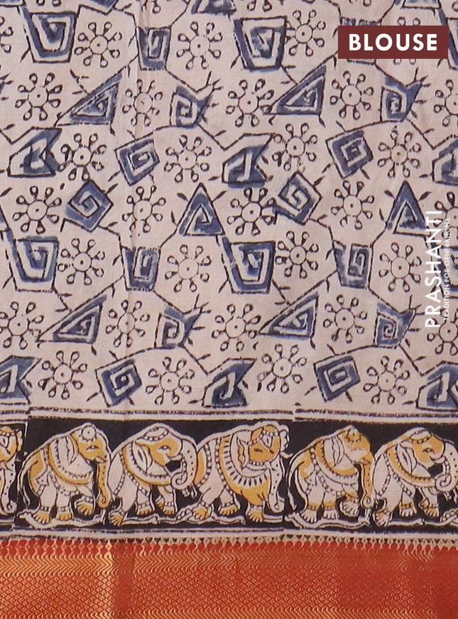 Semi mangalgiri silk saree multi colour and black maroon with allover kalamkari block prints and zari woven border