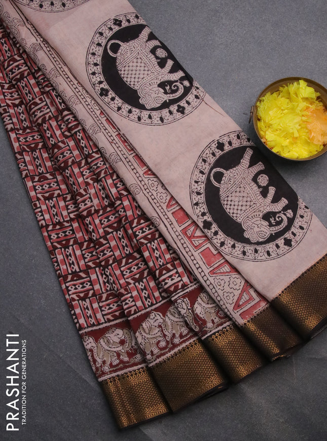 Semi mangalgiri silk saree deep maroon and deep coffee brown with allover kalamkari block prints and zari woven border