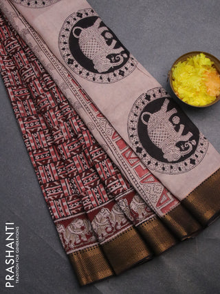 Semi mangalgiri silk saree deep maroon and deep coffee brown with allover kalamkari block prints and zari woven border