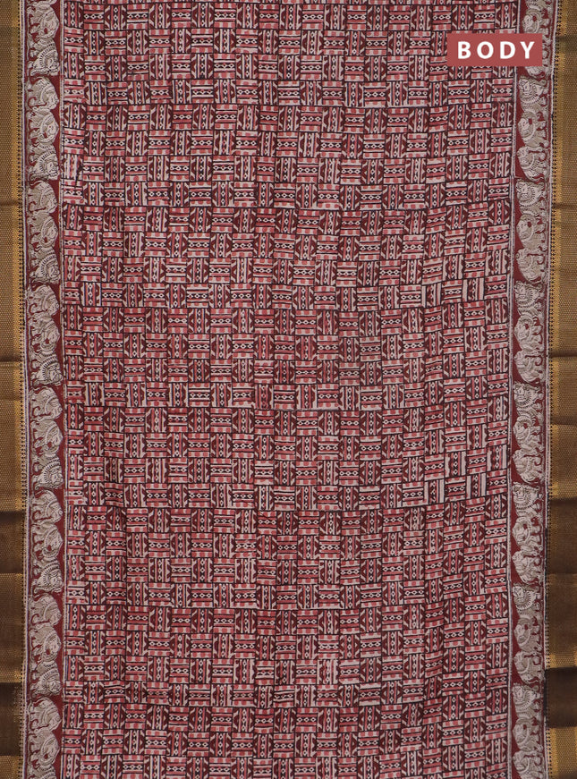 Semi mangalgiri silk saree deep maroon and deep coffee brown with allover kalamkari block prints and zari woven border