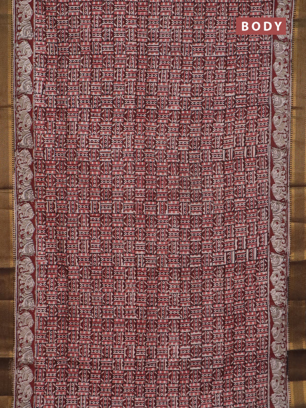 Semi mangalgiri silk saree deep maroon and deep coffee brown with allover kalamkari block prints and zari woven border