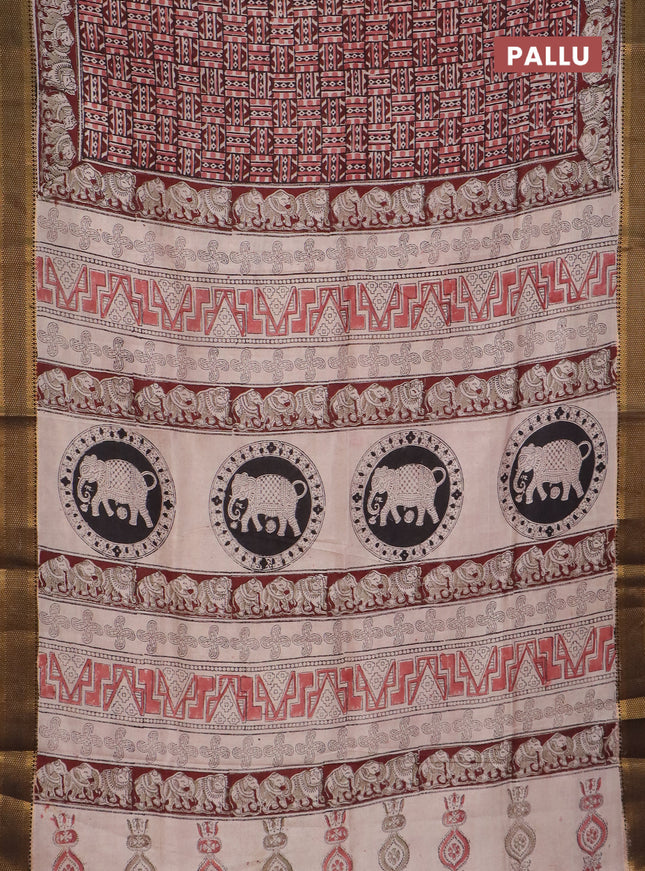 Semi mangalgiri silk saree deep maroon and deep coffee brown with allover kalamkari block prints and zari woven border