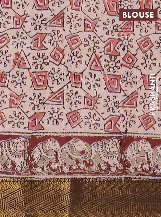 Semi mangalgiri silk saree deep maroon and deep coffee brown with allover kalamkari block prints and zari woven border