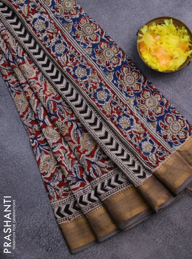 Semi mangalgiri silk saree maroon and grey shade with allover kalamkari block prints and zari woven border