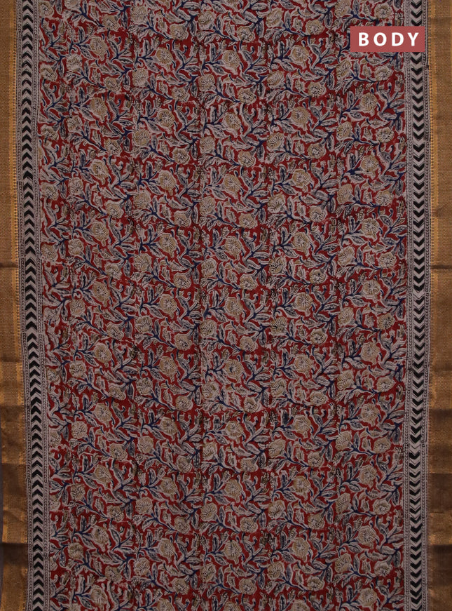 Semi mangalgiri silk saree maroon and grey shade with allover kalamkari block prints and zari woven border