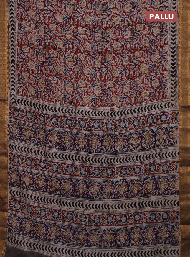 Semi mangalgiri silk saree maroon and grey shade with allover kalamkari block prints and zari woven border