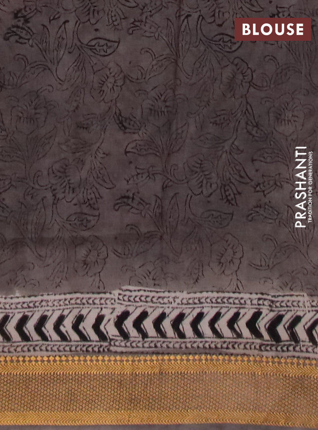 Semi mangalgiri silk saree maroon and grey shade with allover kalamkari block prints and zari woven border