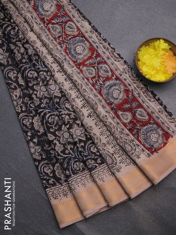 Semi mangalgiri silk saree black and beige with allover kalamkari block prints and zari woven border
