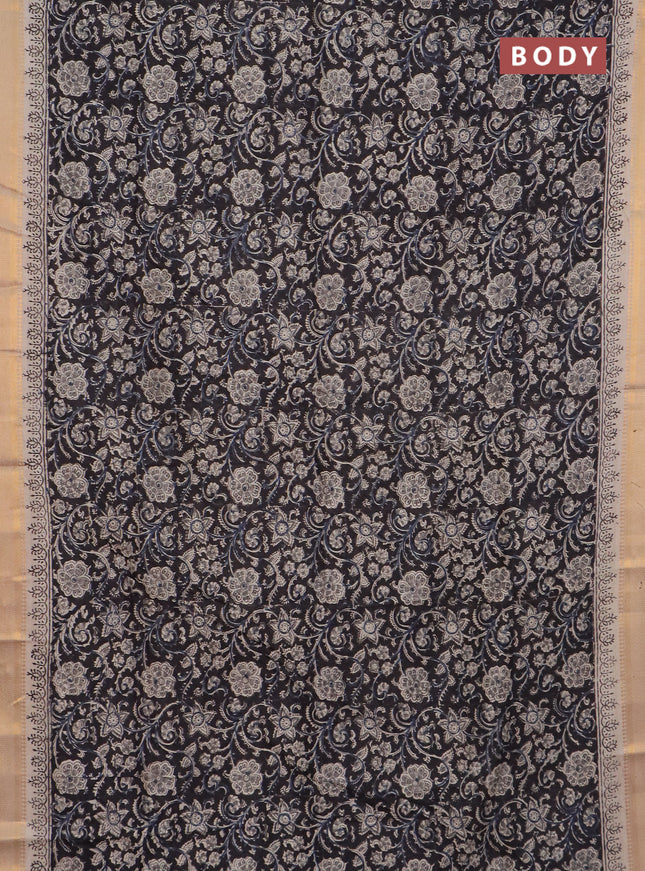 Semi mangalgiri silk saree black and beige with allover kalamkari block prints and zari woven border