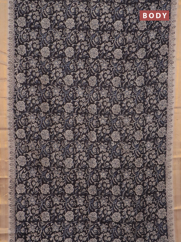 Semi mangalgiri silk saree black and beige with allover kalamkari block prints and zari woven border