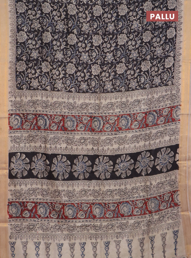Semi mangalgiri silk saree black and beige with allover kalamkari block prints and zari woven border