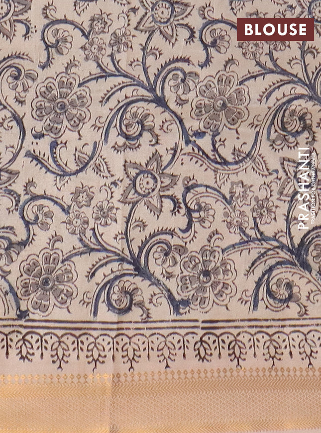 Semi mangalgiri silk saree black and beige with allover kalamkari block prints and zari woven border