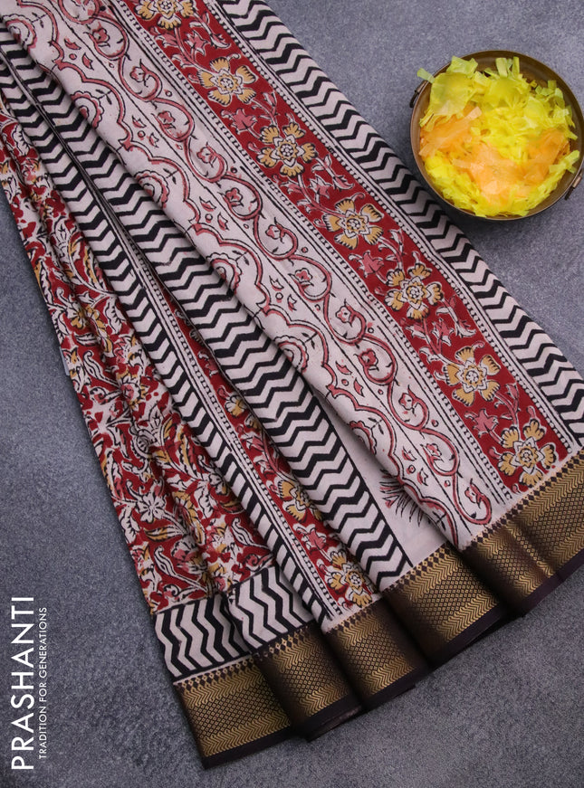 Semi mangalgiri silk saree maroon and deep coffee brown with allover kalamkari block prints and zari woven border