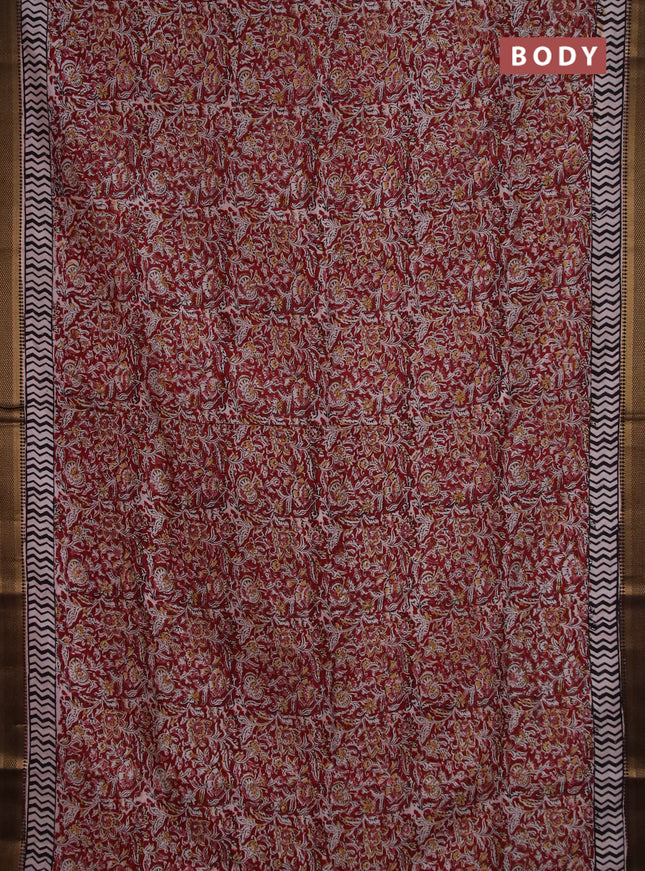 Semi mangalgiri silk saree maroon and deep coffee brown with allover kalamkari block prints and zari woven border