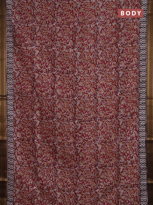 Semi mangalgiri silk saree maroon and deep coffee brown with allover kalamkari block prints and zari woven border