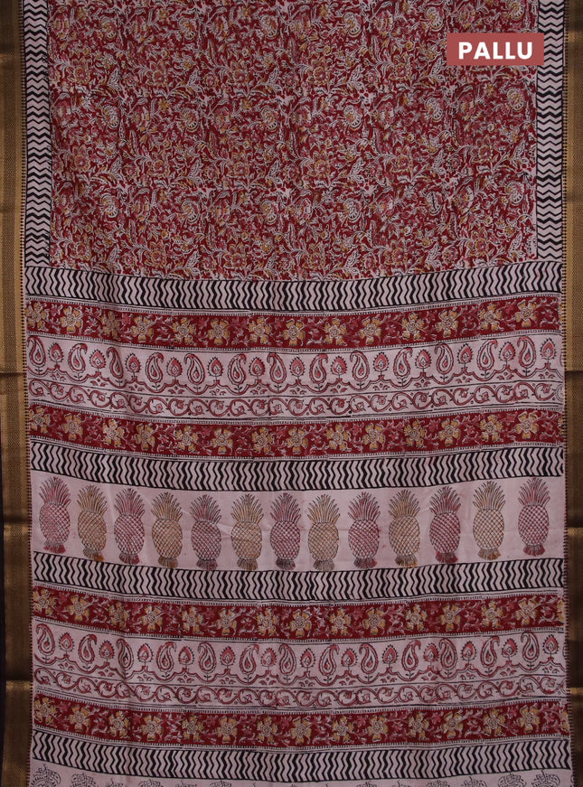 Semi mangalgiri silk saree maroon and deep coffee brown with allover kalamkari block prints and zari woven border
