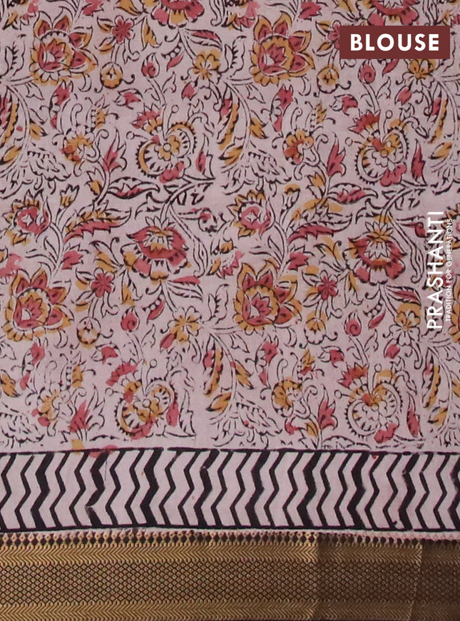 Semi mangalgiri silk saree maroon and deep coffee brown with allover kalamkari block prints and zari woven border