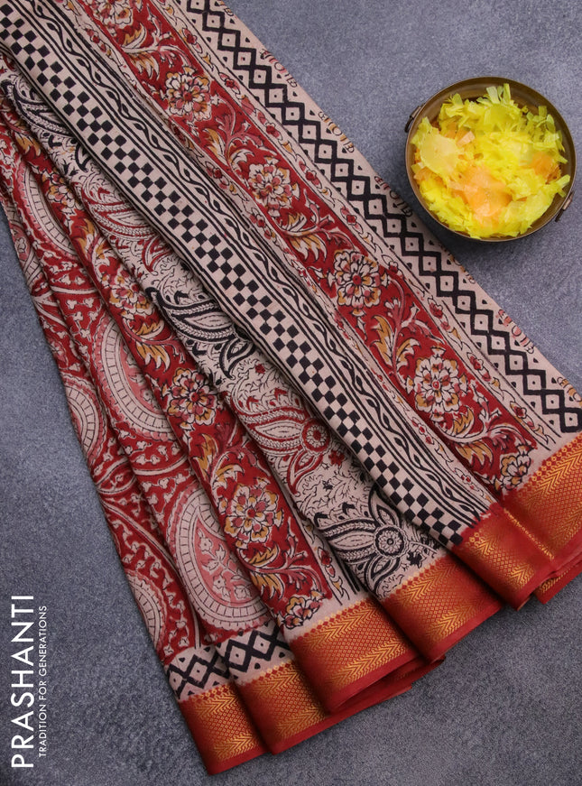 Semi mangalgiri silk saree maroon and beige with allover kalamkari block prints and zari woven border