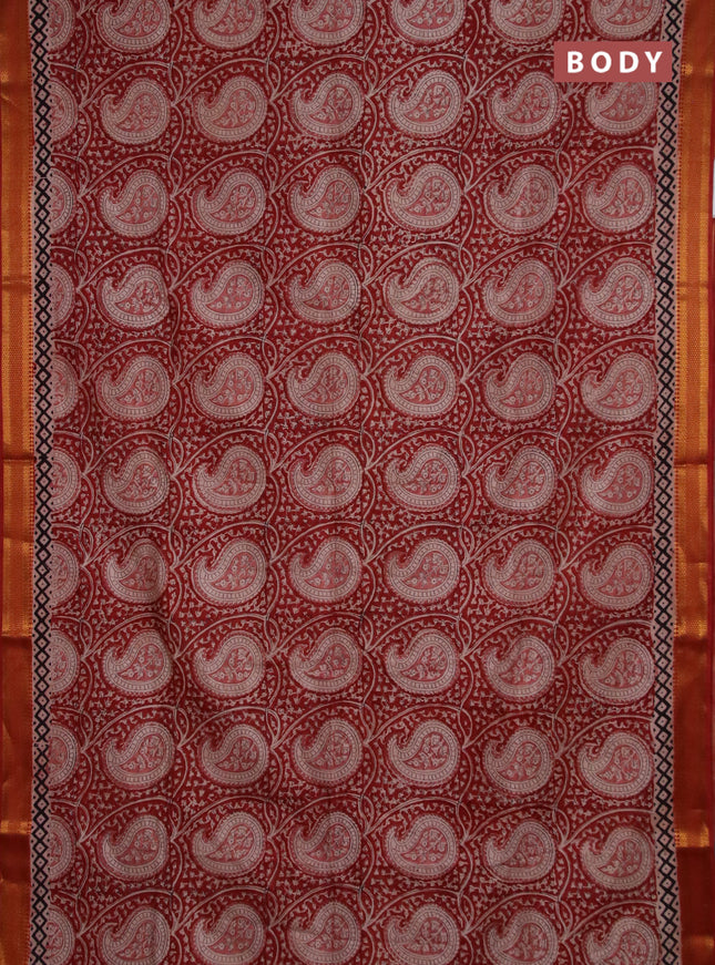 Semi mangalgiri silk saree maroon and beige with allover kalamkari block prints and zari woven border