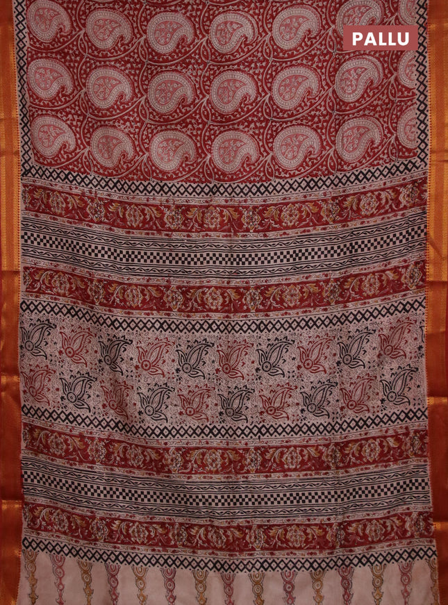 Semi mangalgiri silk saree maroon and beige with allover kalamkari block prints and zari woven border