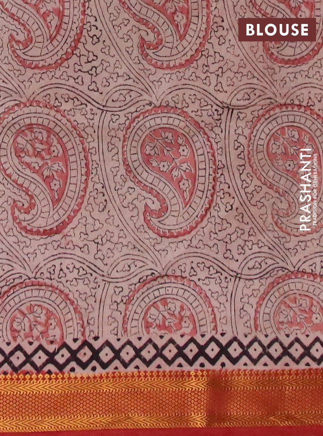 Semi mangalgiri silk saree maroon and beige with allover kalamkari block prints and zari woven border