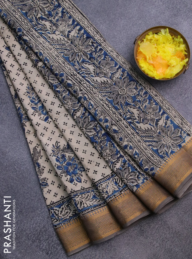 Semi mangalgiri silk saree beige and grey shade with allover kalamkari block prints and zari woven border