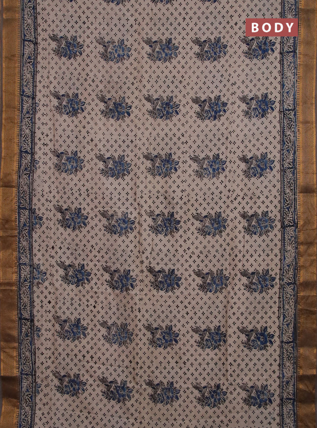 Semi mangalgiri silk saree beige and grey shade with allover kalamkari block prints and zari woven border
