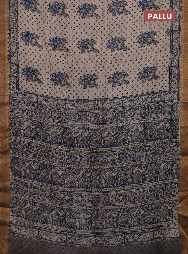 Semi mangalgiri silk saree beige and grey shade with allover kalamkari block prints and zari woven border