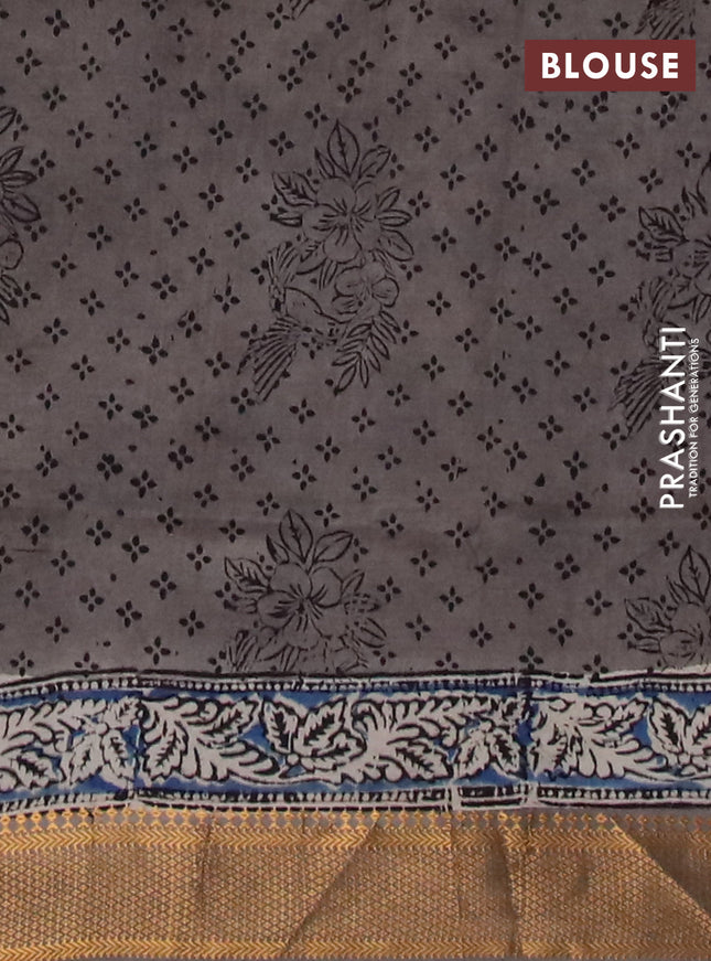 Semi mangalgiri silk saree beige and grey shade with allover kalamkari block prints and zari woven border